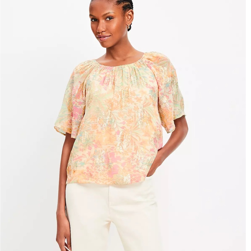 LOFT Shimmer Floral Tie Back Flutter Top